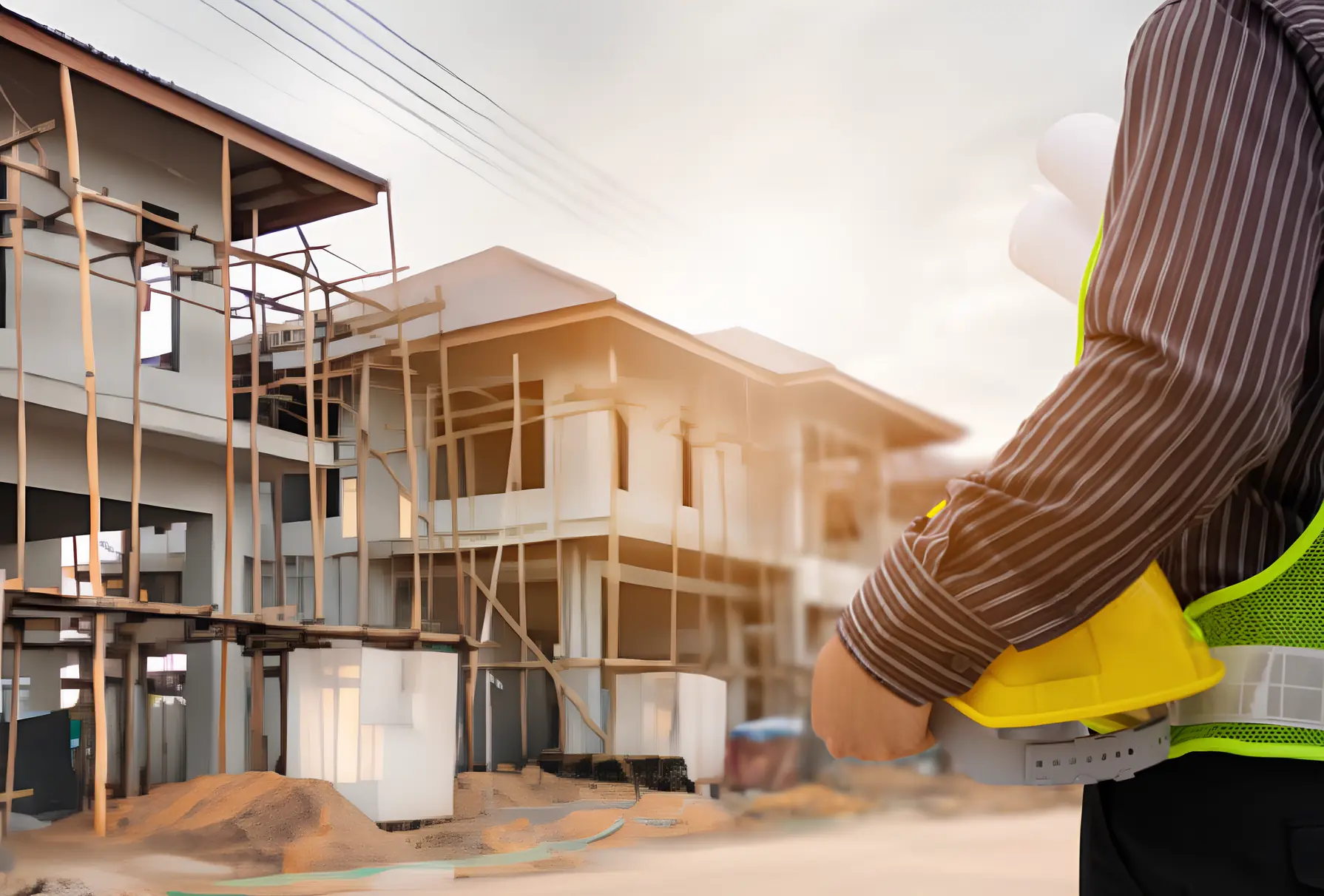 Profesional de la construcción frente a viviendas en ejecución